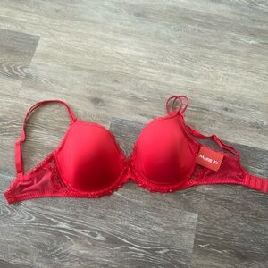 NWT red bra with underwire and lace accents.